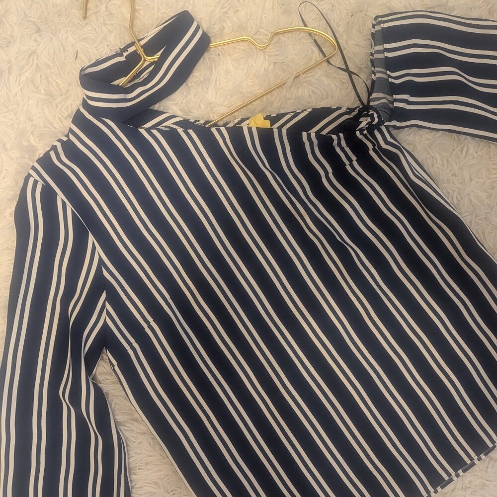 Amanda Uprichard Two-Piece Set — Blue/White Stripe Off-Shoulder Top + Shorts